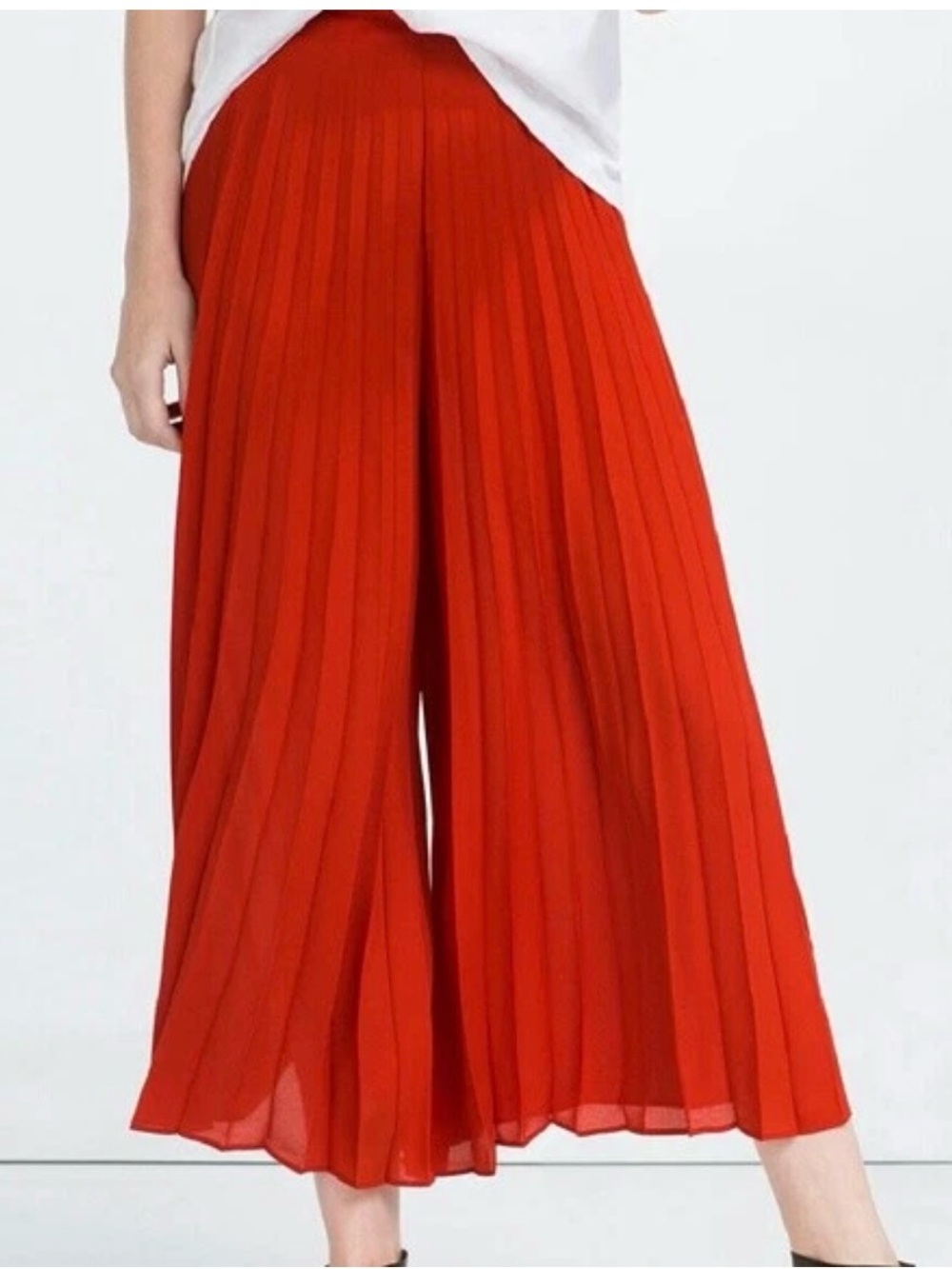 STOREE Pleated Front Culottes Cropped Wide Leg Flowy Pants Trousers Red small